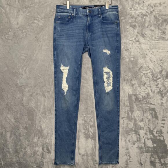 Hollister Jeans Mens 32x30 Blue Advanced Stretch Stacked Skinny Distressed - Picture 1 of 14